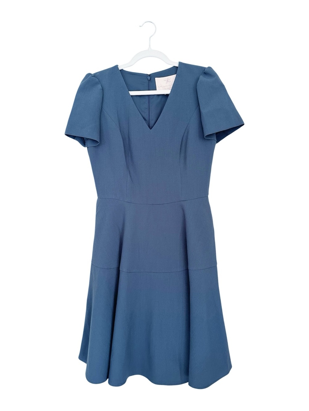 Gal Meets Glam Collection Kate V-Neck Fit & Flare Dress Slate Blue Size 6 EUC